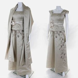 Vtg 90's San Carlin Dress Formal Gown 3D Floral Beaded Applique Champaign Sz 6